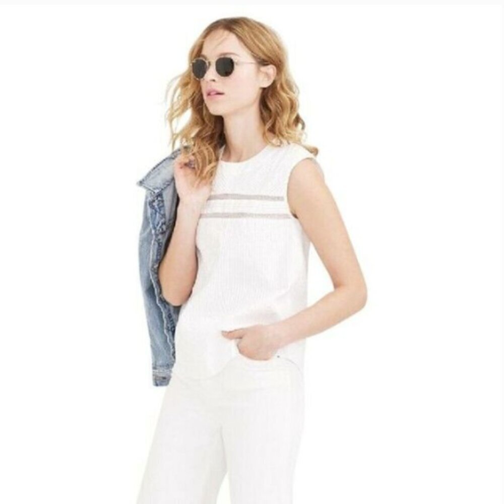 J Crew Pleated Cotton Shirt Sleeveless Top Pintuck Blouse Sz 00‎ White #157D
